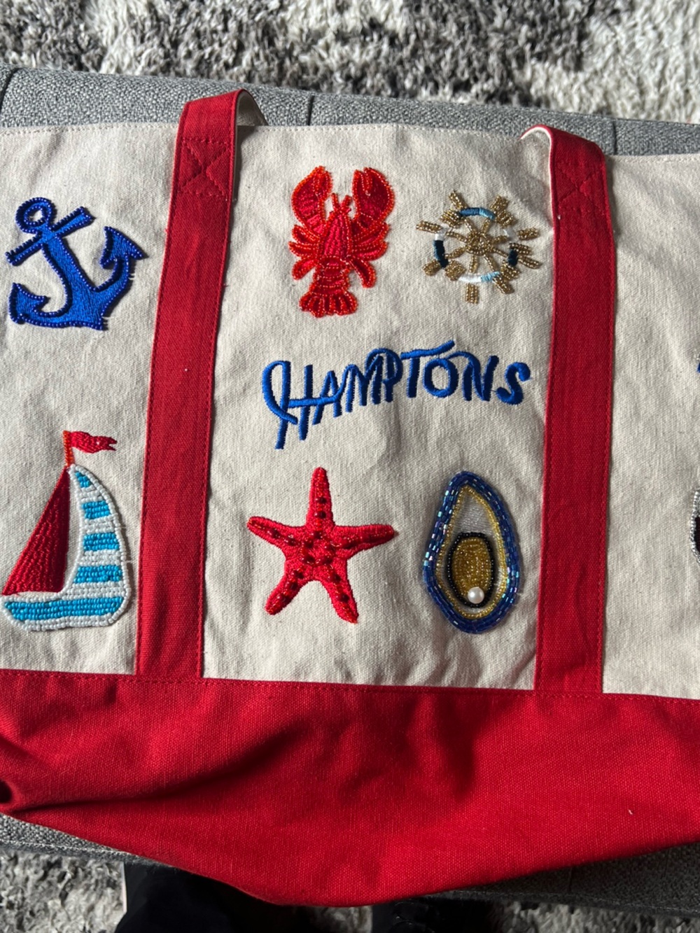 Hamptons Red & White Nautical Embroidered Tote Bag